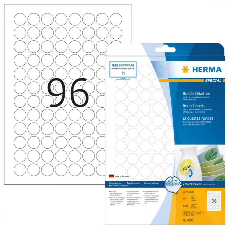 Self-adhesive labels HERMA Removable A4 Ø 20 mm round white