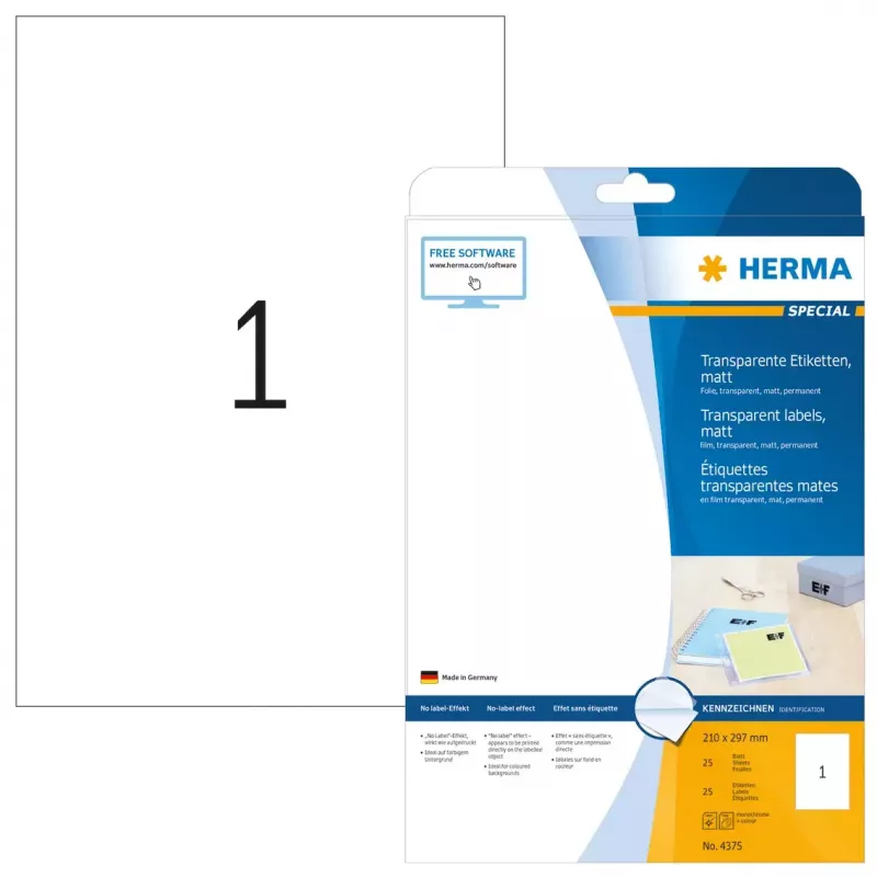 Self-adhesive printer label HERMA Labels transparent matt A4 210x297 mm film