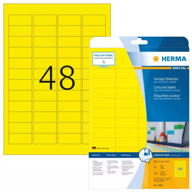 Self-adhesive printer label HERMA Coloured Labels A4 45.7x21.2 mm yellow