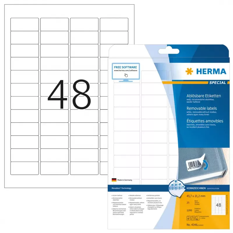 Self-adhesive printer label HERMA Removable labels A4 45.7x21.2 mm