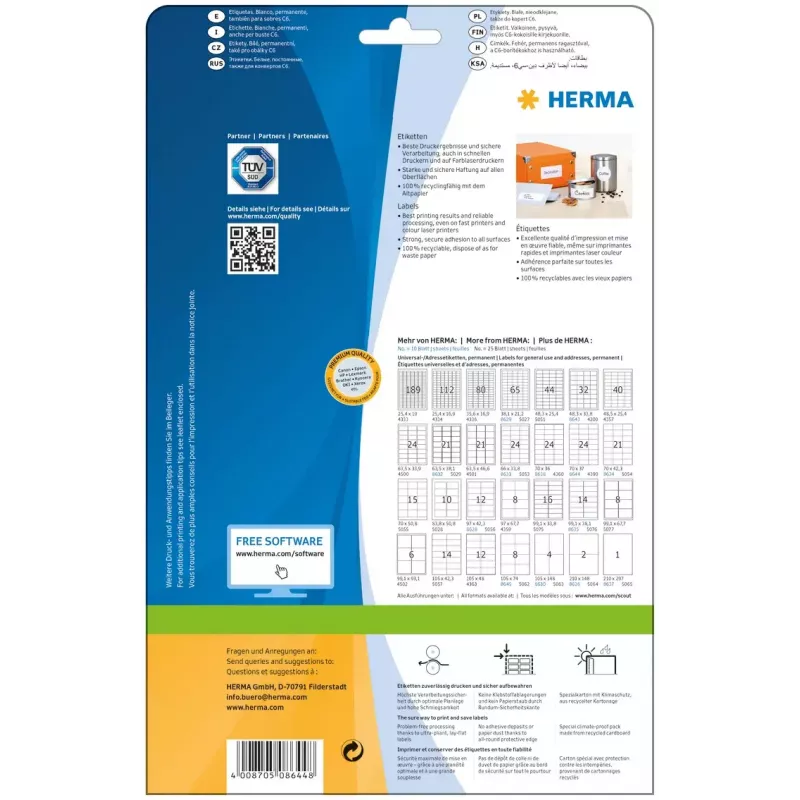 Self-adhesive printer label HERMA Labels Premium A4 70x37 mm