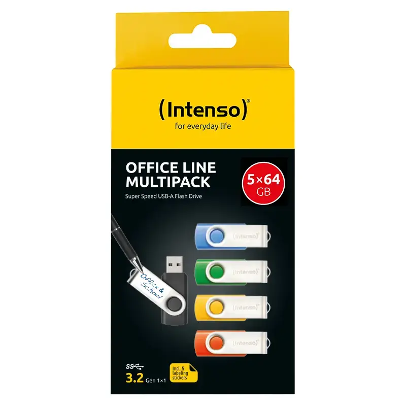 INTENSO Office Line USB flash drive multipack 5×64 GB, USB-A, USB 3.2 Gen 1, swivel, multicolour