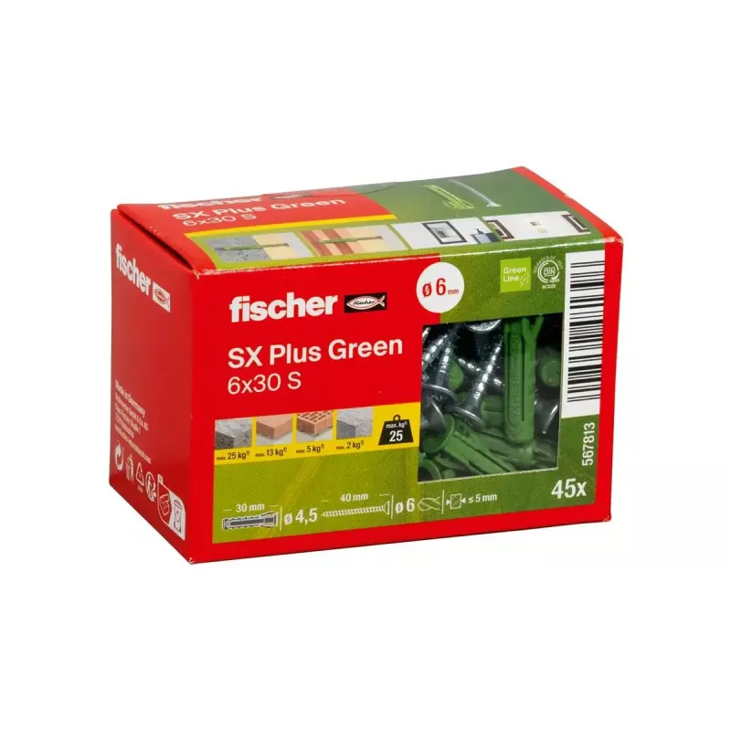 Screw & wall plug kit Fischer 567813 45 pcs Green