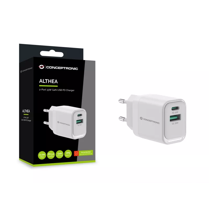 Conceptronic ALTHEA19W33 2-Port 33W GaN USB PD Charger, USB-C x 1, USB-A x 1, QC 3.0, PPS, PD 3.0