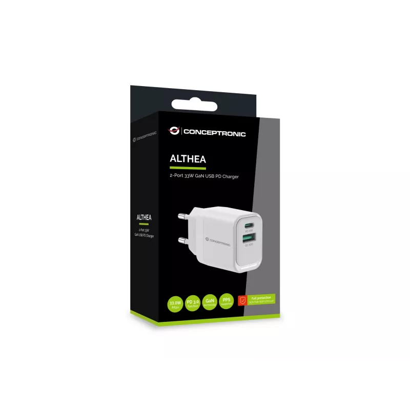 Conceptronic ALTHEA19W33 2-Port 33W GaN USB PD Charger, USB-C x 1, USB-A x 1, QC 3.0, PPS, PD 3.0