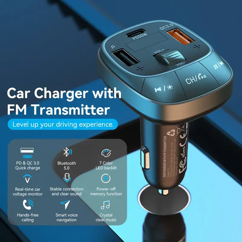 Car charger Vention 3-Port USB (USB-C + 2× USB-A) 30W/18W/5W Black