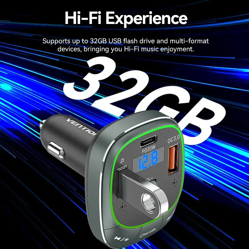 Car charger Vention 3-Port USB (USB-C + 2× USB-A) 30W/18W/5W Black