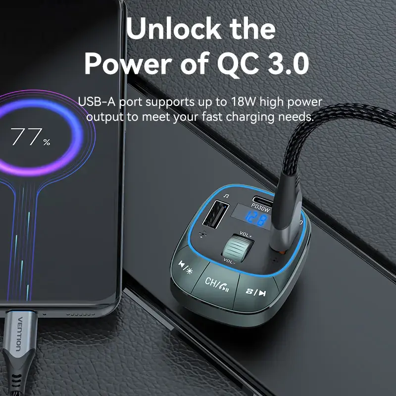 Car charger Vention 3-Port USB (USB-C + 2× USB-A) 30W/18W/5W Black