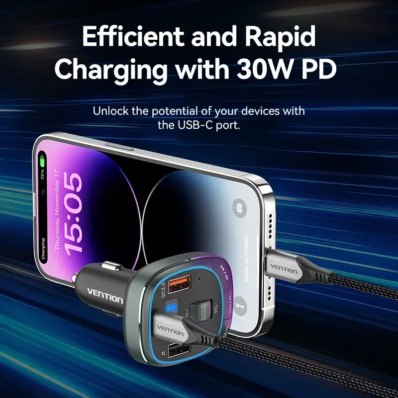 Car charger Vention 3-Port USB (USB-C + 2× USB-A) 30W/18W/5W Black