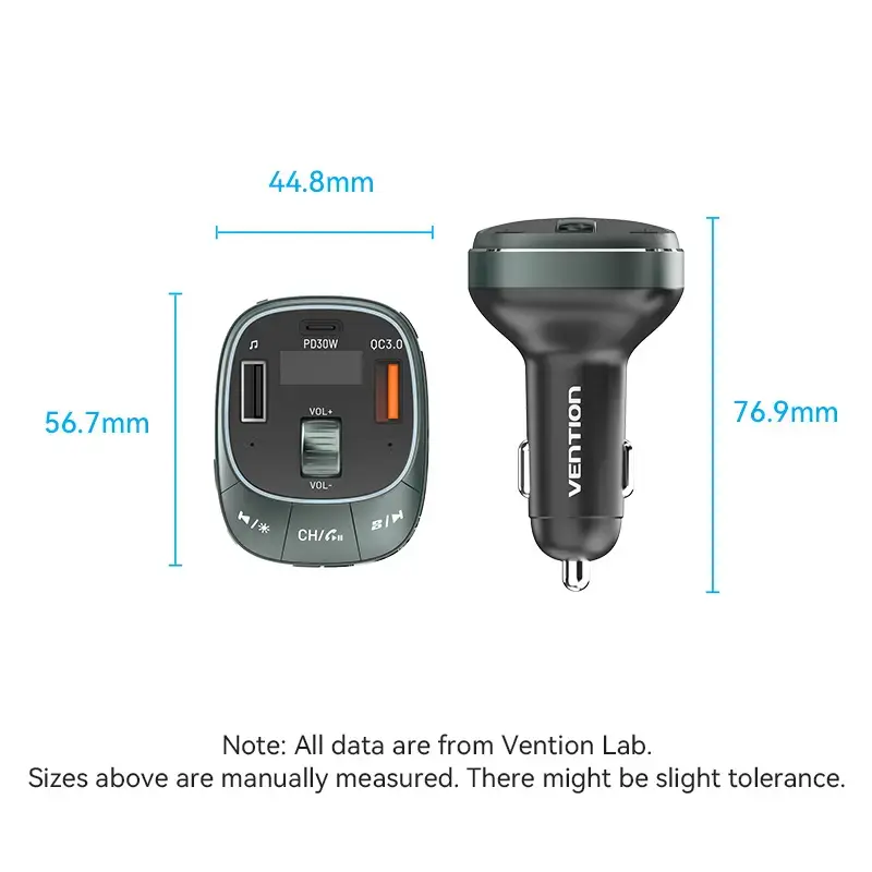 Car charger Vention 3-Port USB (USB-C + 2× USB-A) 30W/18W/5W Black