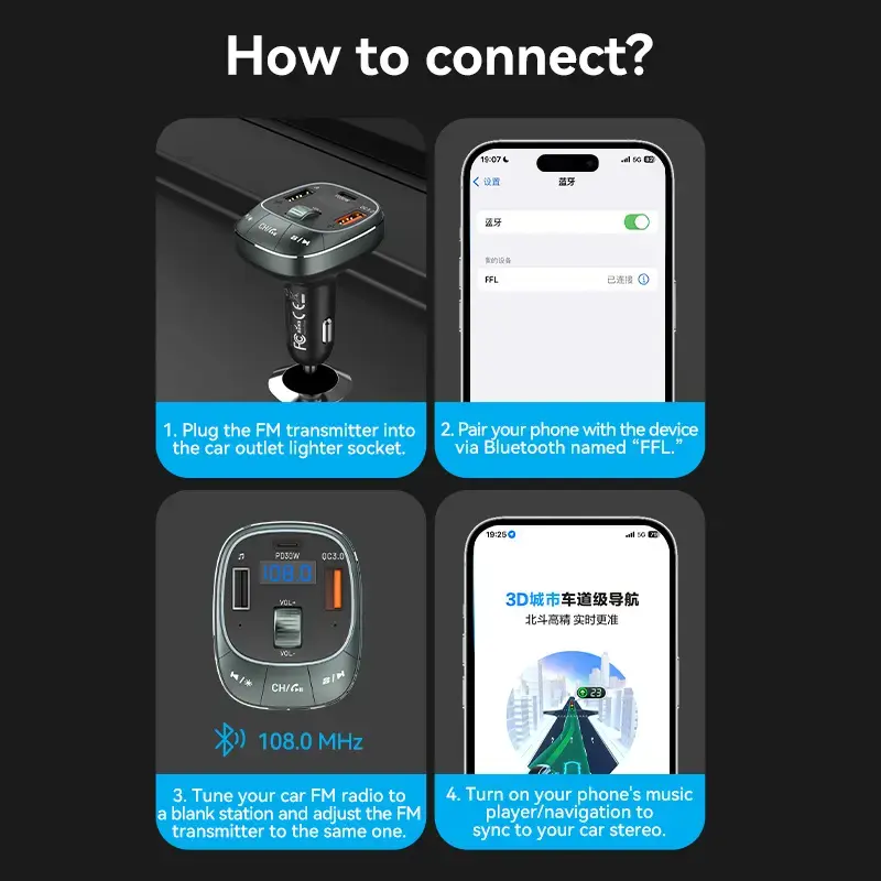 Car charger Vention 3-Port USB (USB-C + 2× USB-A) 30W/18W/5W Black