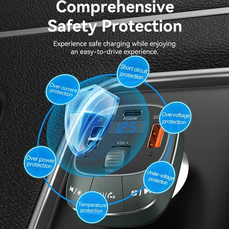 Car charger Vention 3-Port USB (USB-C + 2× USB-A) 30W/18W/5W Black