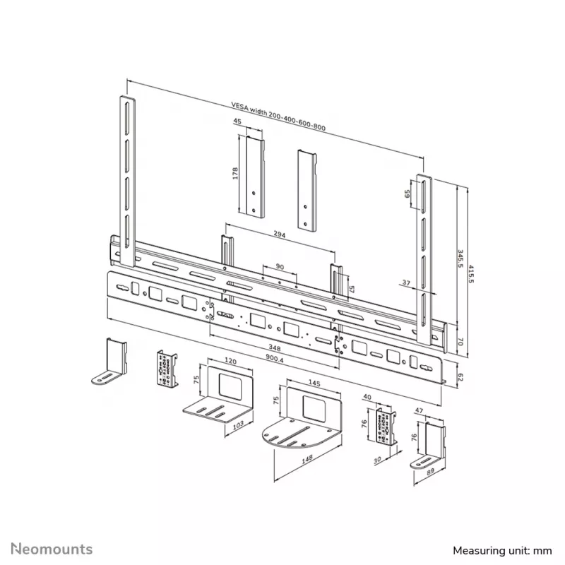 Videobar mount Neomounts AV30-500BL for 43–110 inch displays — VESA up to 600×400, max 10 kg, width 900 mm