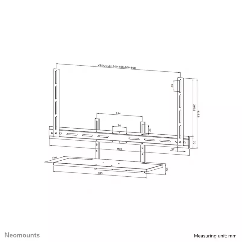 Shelf keyboard kit Neomounts AV40-500BL for 43–110 inch screens, VESA up to 600x400, max load 2.5 kg, 900×279×640 mm
