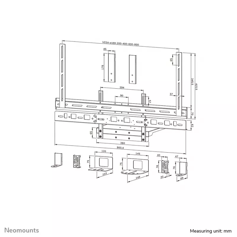 Videobar and laptop shelf kit Neomounts AV60-500BL for 43–110 inch displays, VESA up to 600x400, max load 8 kg, width 900 mm