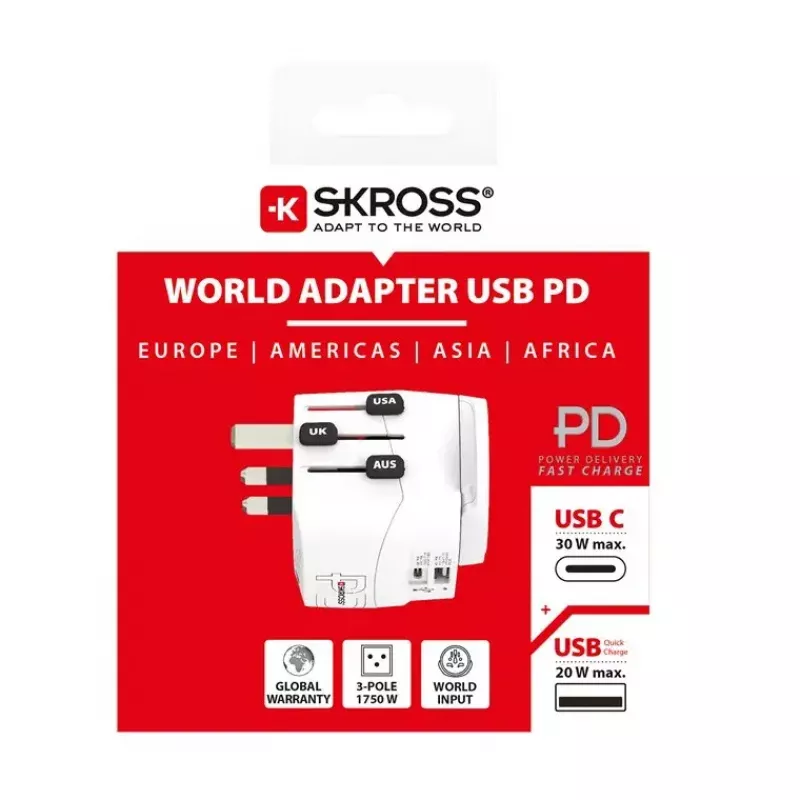 Power Plug Adapter Skross 61663 Universal White 100-250V 2.4A USB