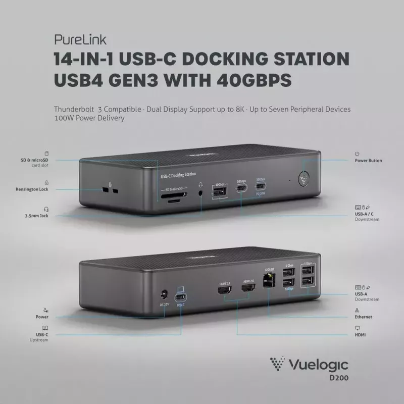 Laptop Dock PureLink VL-D200 Wired Grey USB Power Delivery HDMI 2.0