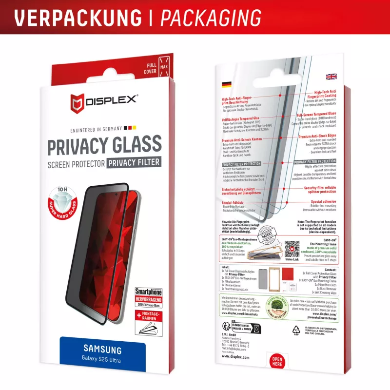 Displex Privacy Screen Protector (10H) for Samsung Galaxy S25 Ultra, Eco Mounting Frame, Privacy Filter