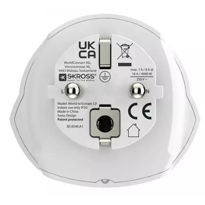 Travel adapter plug SKROSS World to Europe — universal input to European socket, white, 64×58×47 mm