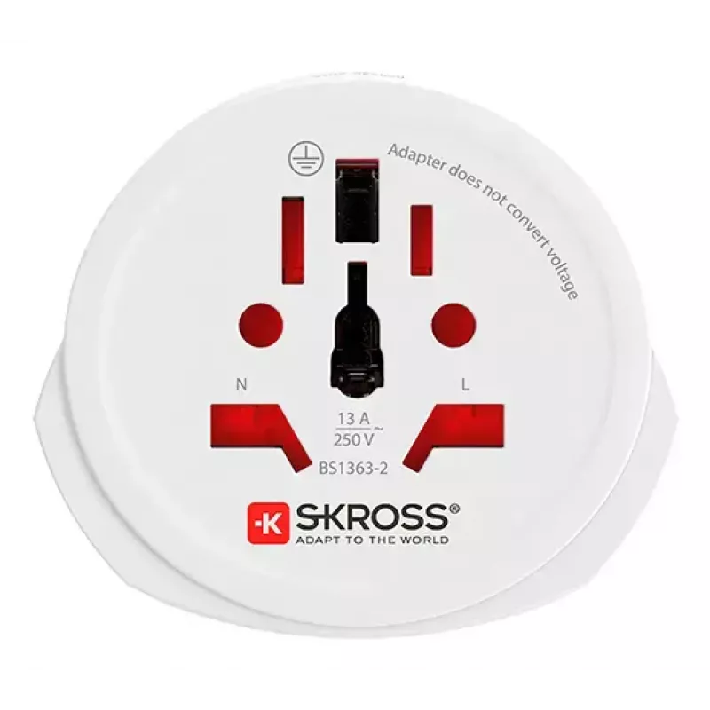 Travel adapter plug SKROSS World to Europe — universal input to European socket, white, 64×58×47 mm