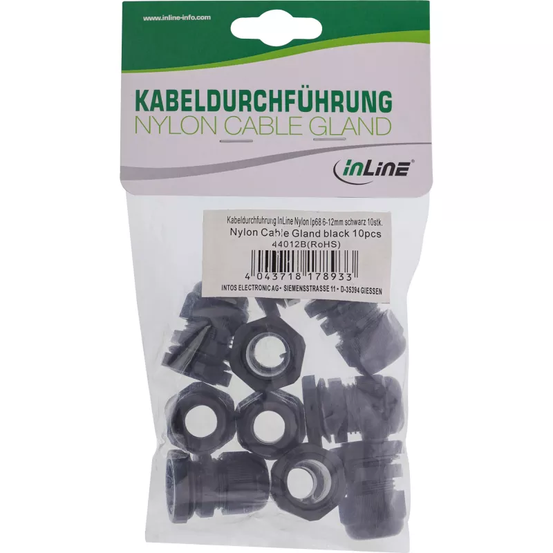Cable gland InLine 44012B nylon IP68 for cables Ø6–12 mm, black, pack of 10