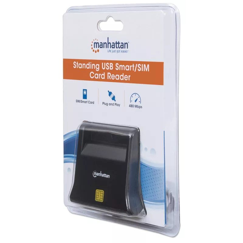 Manhattan USB-A Smart/SIM Card Reader, 480 Mbps (USB 2.0), Desktop Standing, Friction Type compatible, Hi-Speed USB, Cable 86cm, Black, Three Year Warranty