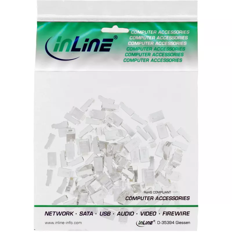 Connector 8P8C RJ45 male shielded for round cables, InLine, pack of 10, silver