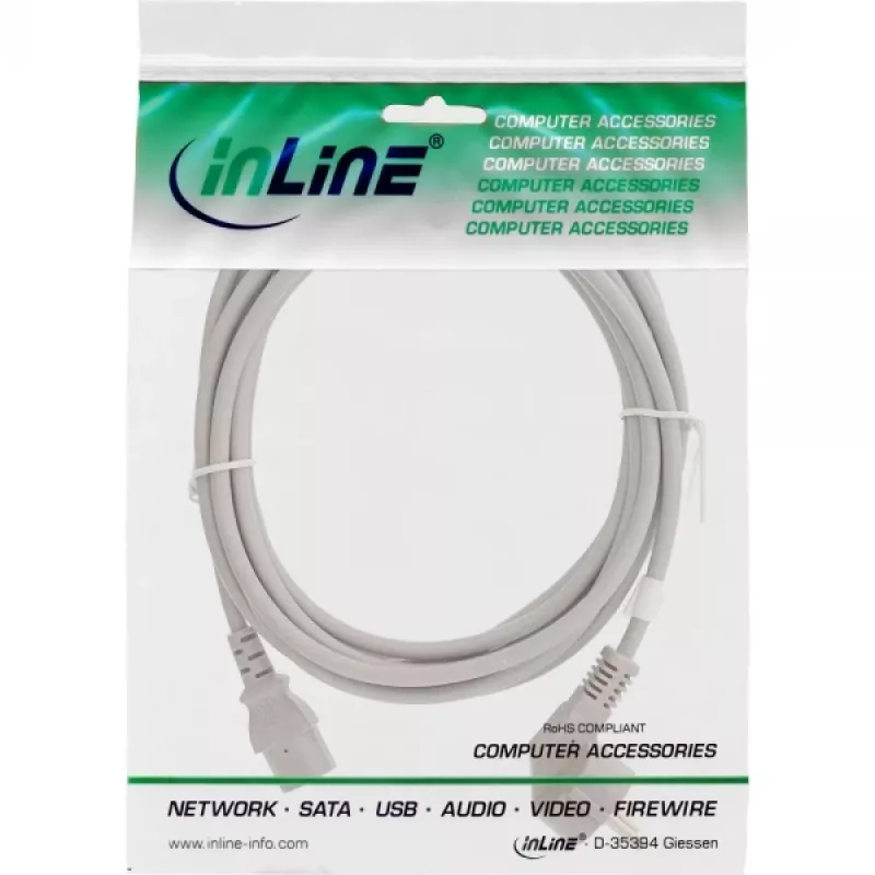 InLine power cable, CEE 7/7 angled / 3pin IEC C13 male, grey, 2m
