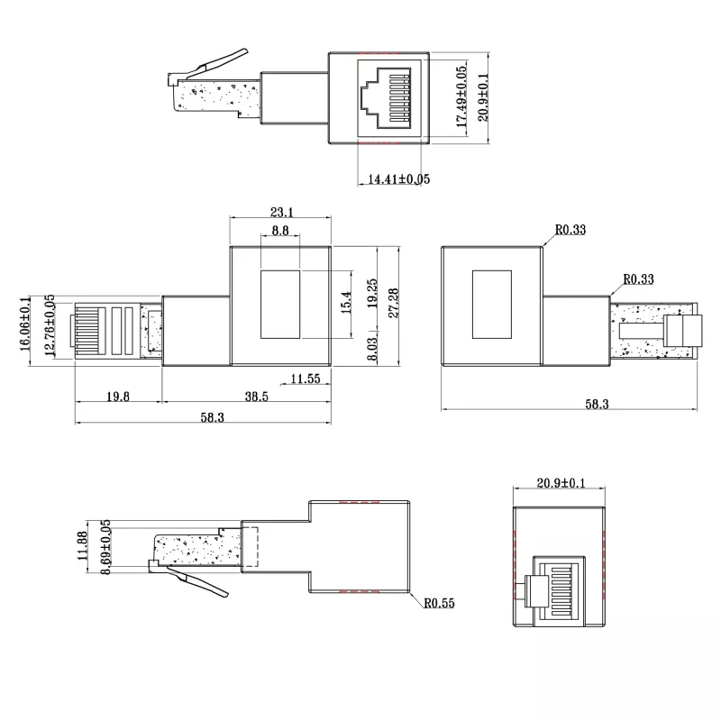 InLine patch cord adapter Cat.6A, RJ45 male / female, angled 90° to the right