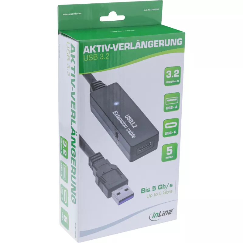 InLine USB 3.2 Gen.1 active extension, USB-A male to USB-C female, 5m