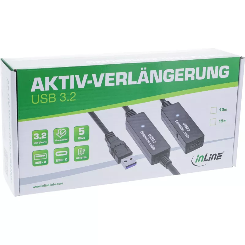 InLine USB 3.2 Gen.1 active extension, USB-A male to USB-C female, 10m