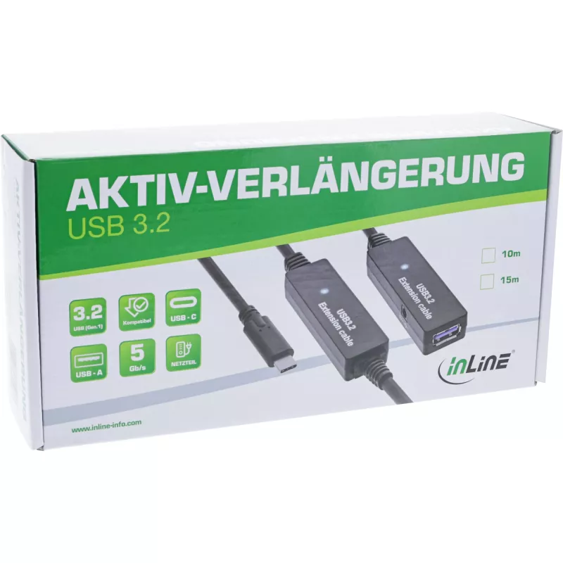 InLine USB 3.2 Gen.1 active extension, USB-C male to USB-A female, 15m