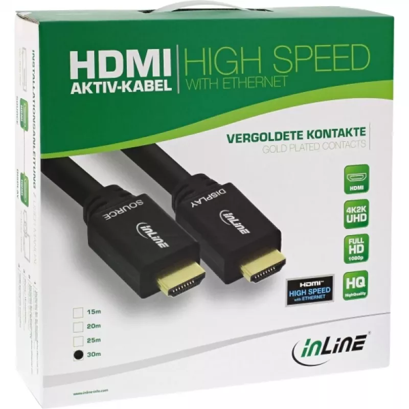 InLine , active High Speed HDMI Cable w/Ether., M/M, black, golden contacts, 30m