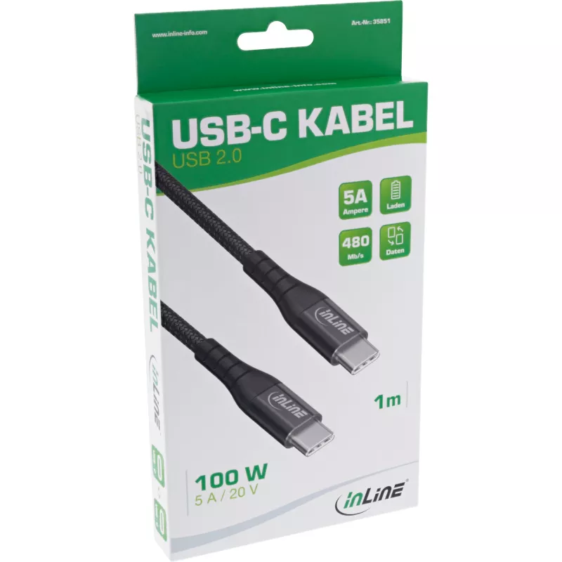 InLine USB 2.0 cable, USB-C male/male 100W quick charger cable, 2m