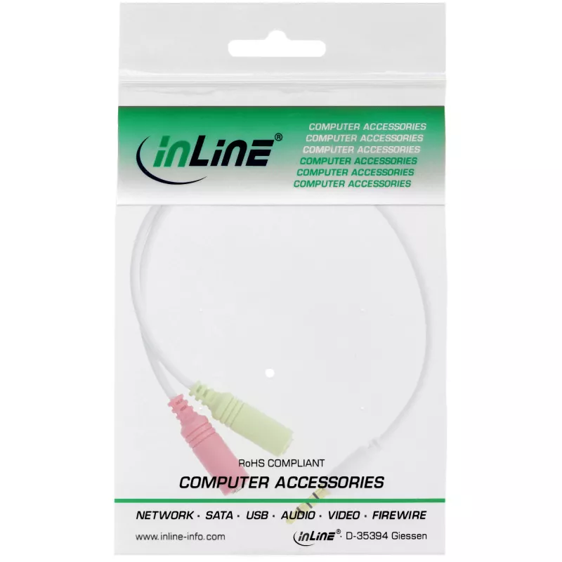 InLine Audio Headset Adapter Cable 3.5mm male 4 Pin / 2x 3.5mm, white, 0.15m
