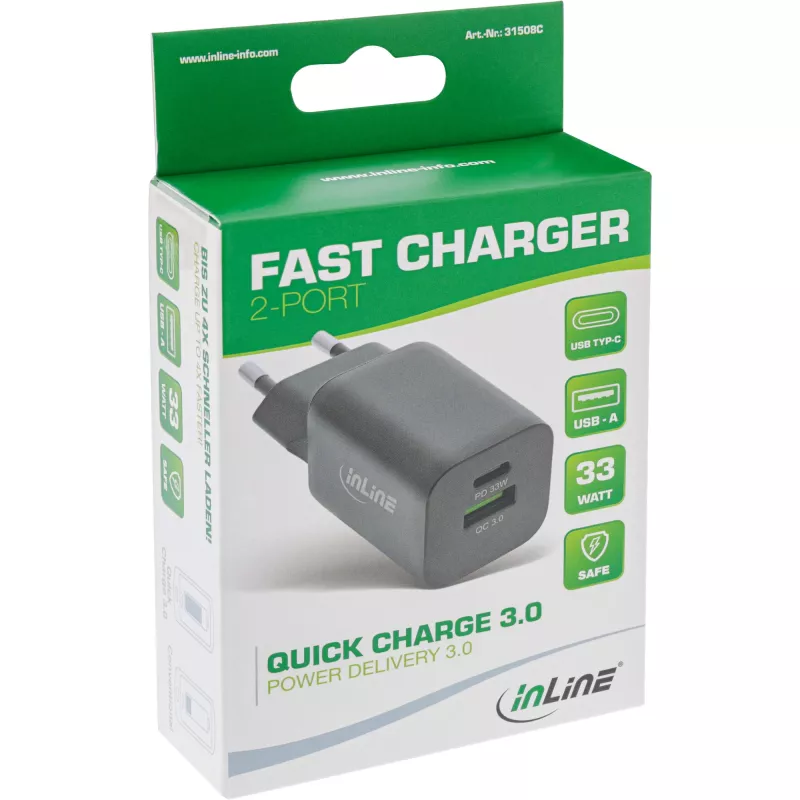 InLine USB power supply, charger, USB-A + USB Type-C, 33W, PD + QC