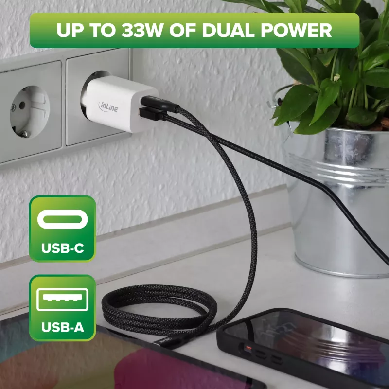 InLine USB power supply, charger, USB-A + USB Type-C, 33W, PD + QC