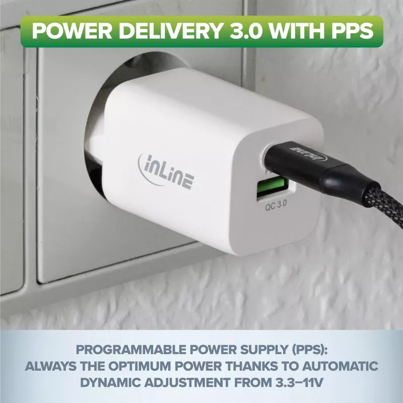 InLine USB power supply, charger, USB-A + USB Type-C, 33W, PD + QC