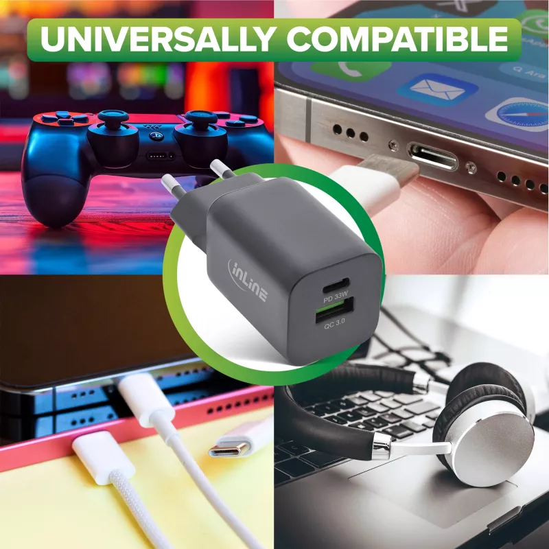 InLine USB power supply, charger, USB-A + USB Type-C, 33W, PD + QC