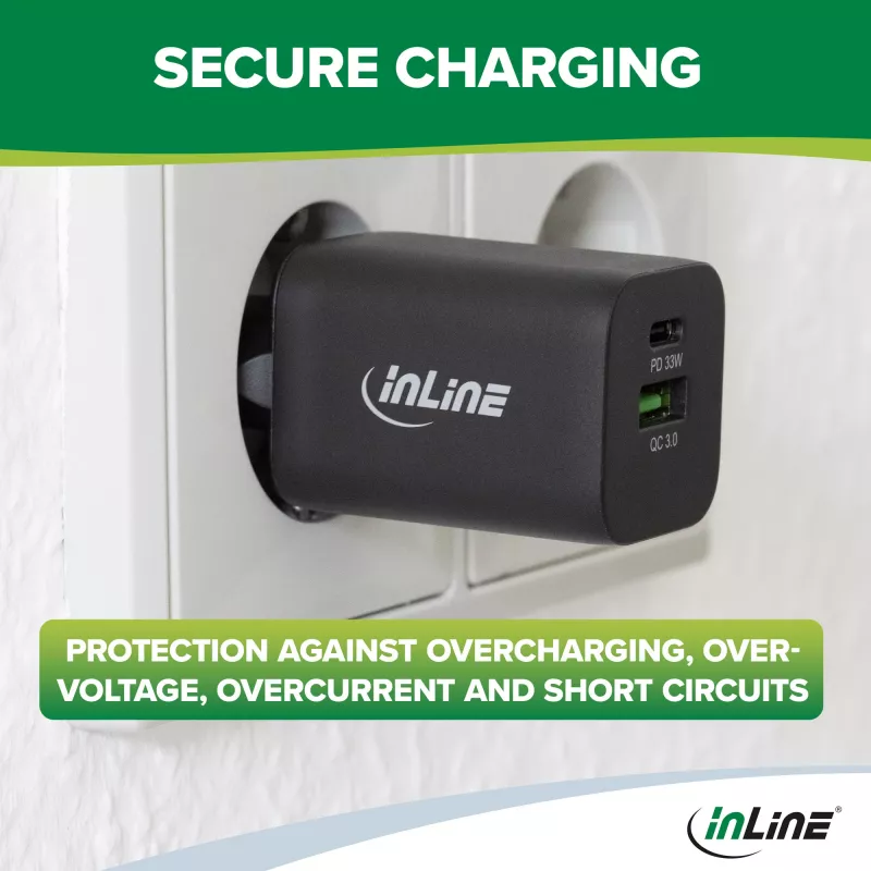 InLine USB power supply, charger, USB-A + USB Type-C, 33W, PD + QC