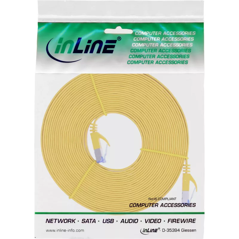 InLine Flat patch cable, U/FTP, Cat.6A, yellow, 10m