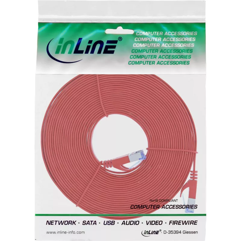 InLine Flat patch cable, U/FTP, Cat.6A, red, 10m