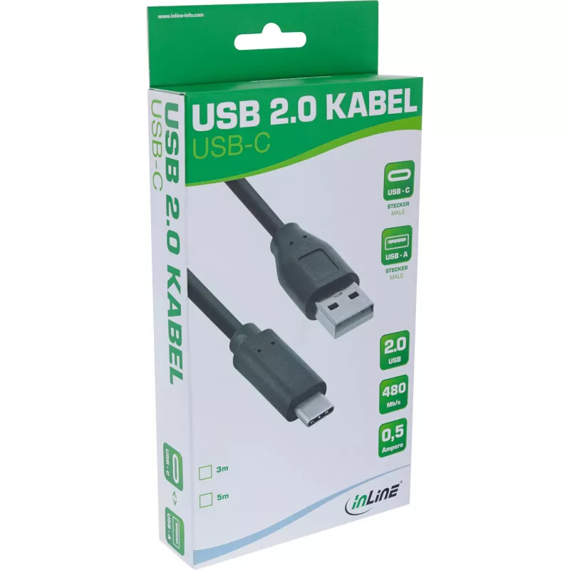 InLine USB 2.0 Cable, USB-C male / USB-A male, black, 5m, 5 m, USB C, USB A, USB 2.0, 0.48 Gbit/s, Black