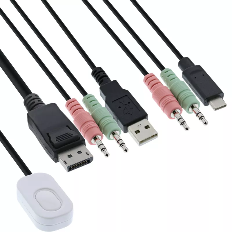 InLine KVM Switch, 2-port, USB-C+DP to DisplayPort, 4K, audio, integr. cable
