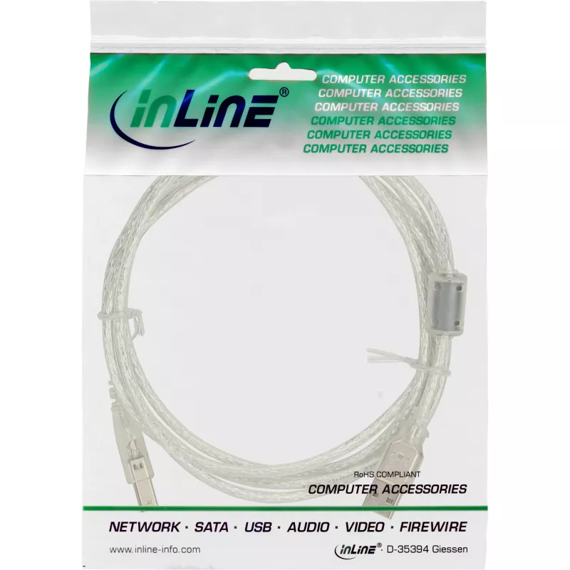 InLine USB 2.0 Cable Type A male / B male transparent, ferrite core, 0.3m
