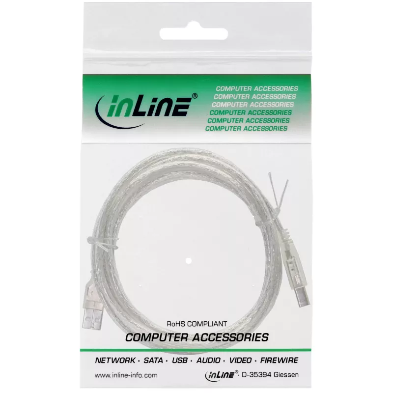 InLine USB 2.0 Cable Type A male / B male, transparent, 0.3m