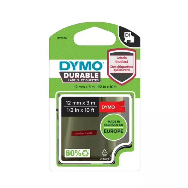 DYMO Authentic D1 Durable Labels | Black Print on Red Tape | 12 mm x 3 m | Labelling Tape for LabelManager Label Makers
