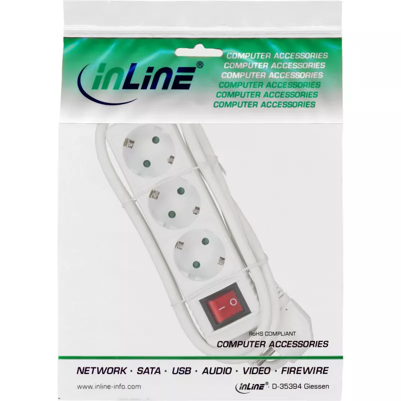 InLine Socket strip 16433T 3-way earth contact CEE 7/3 with switch white 3m
