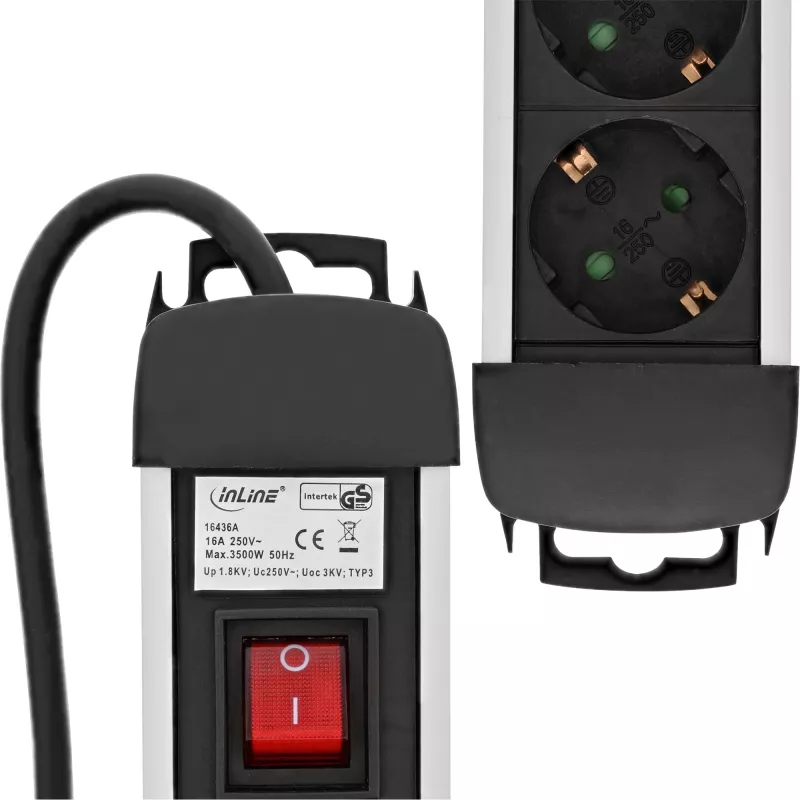InLine Socket Strip, Aluminum, 3-way with protection, switch, 1.5m