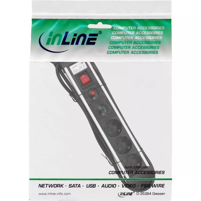 InLine Socket Strip, Aluminum, 3-way with protection, switch, 1.5m